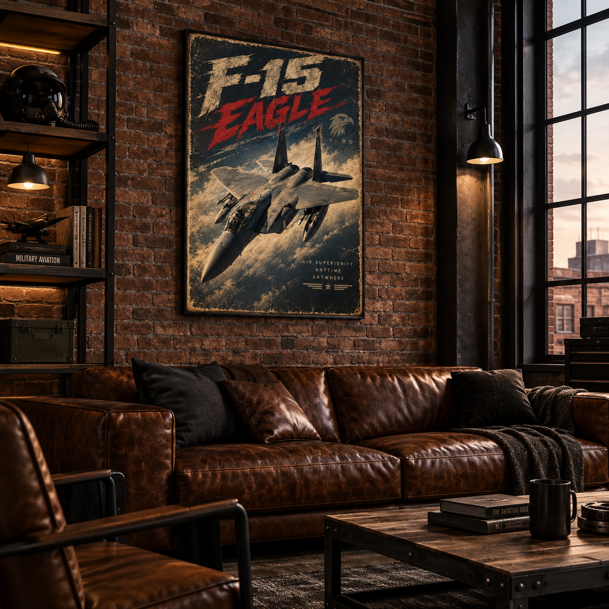 Vintage-style F-15 Eagle fighter jet print, top-angle view of the aircraft with twin tails, missiles and fuel tanks