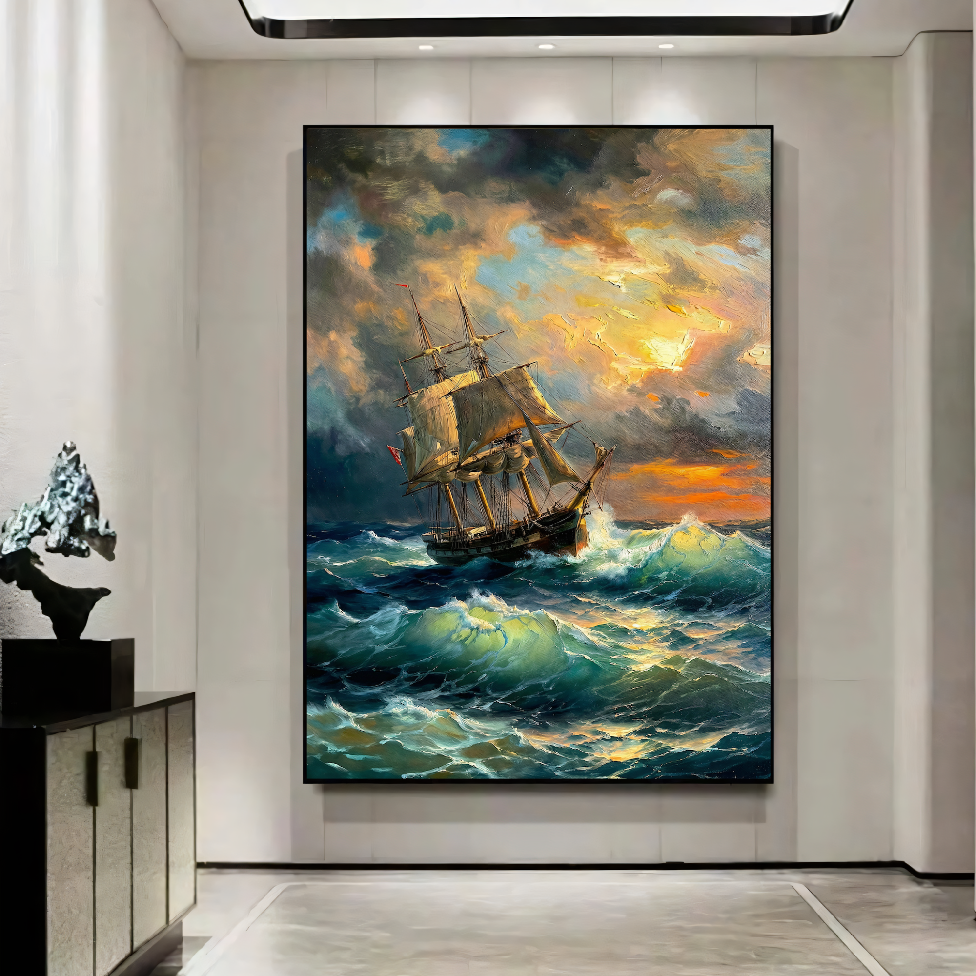 dramatic seascape with ship and waves canvas wall art