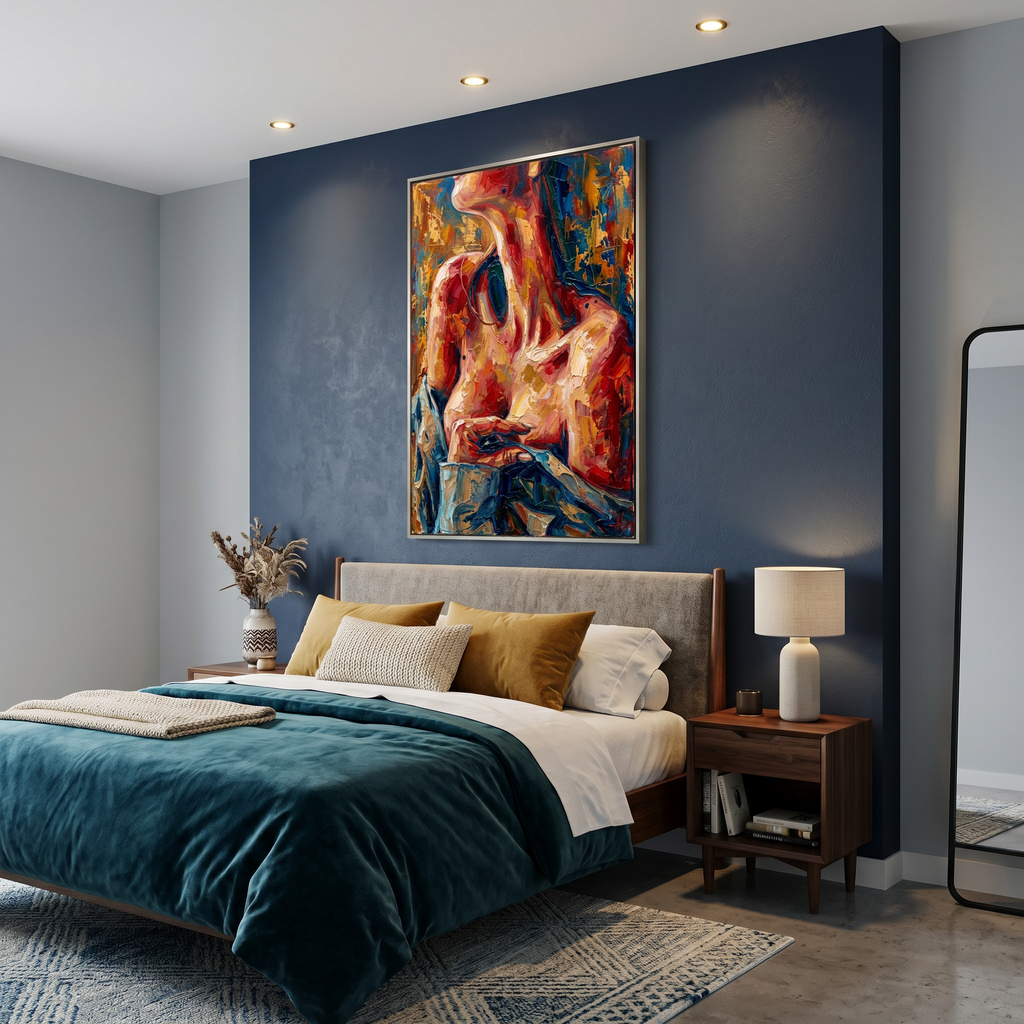 Bold wall art poster on dark wall — feminine figure painting, colorful wall art, living room statement piece

