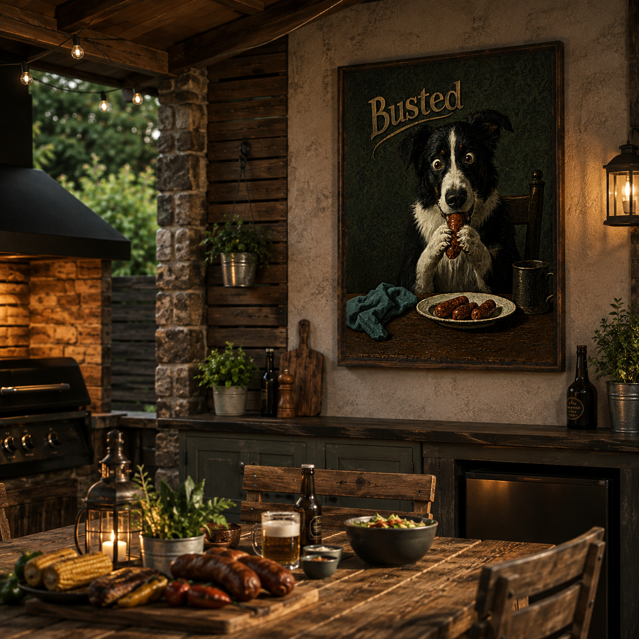Funny dog print catching a sausage thief mid-act, dog portrait art