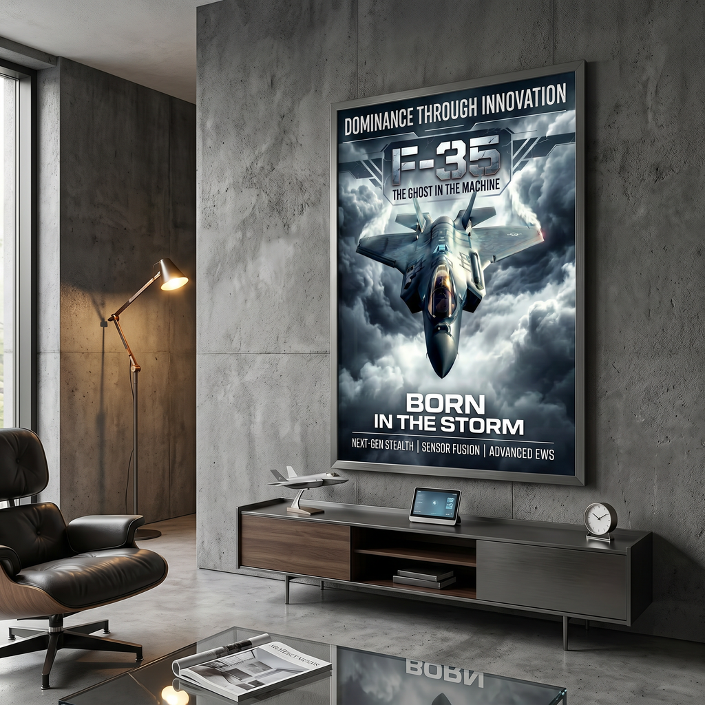 Fighter jet wall art above desk — home office military print, aviation decor