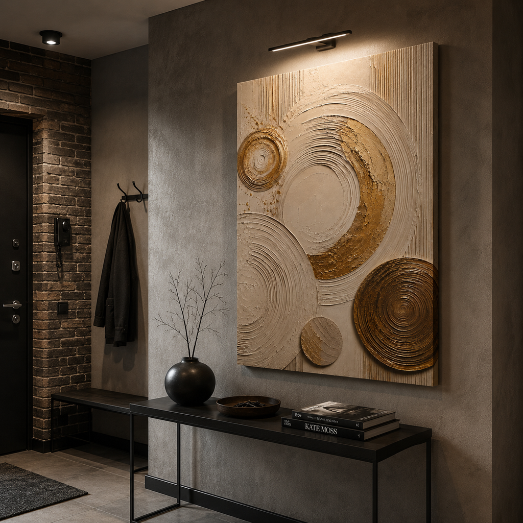Cream canvas print faux texture wall art gallery wrap, soft gold splatter abstract circles for neutral home décor.