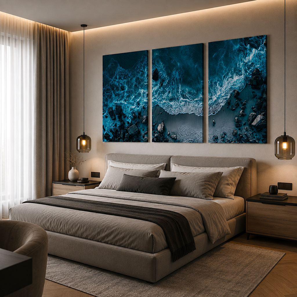 Ocean waves art canvas panel side view, gallery-depth wooden frame