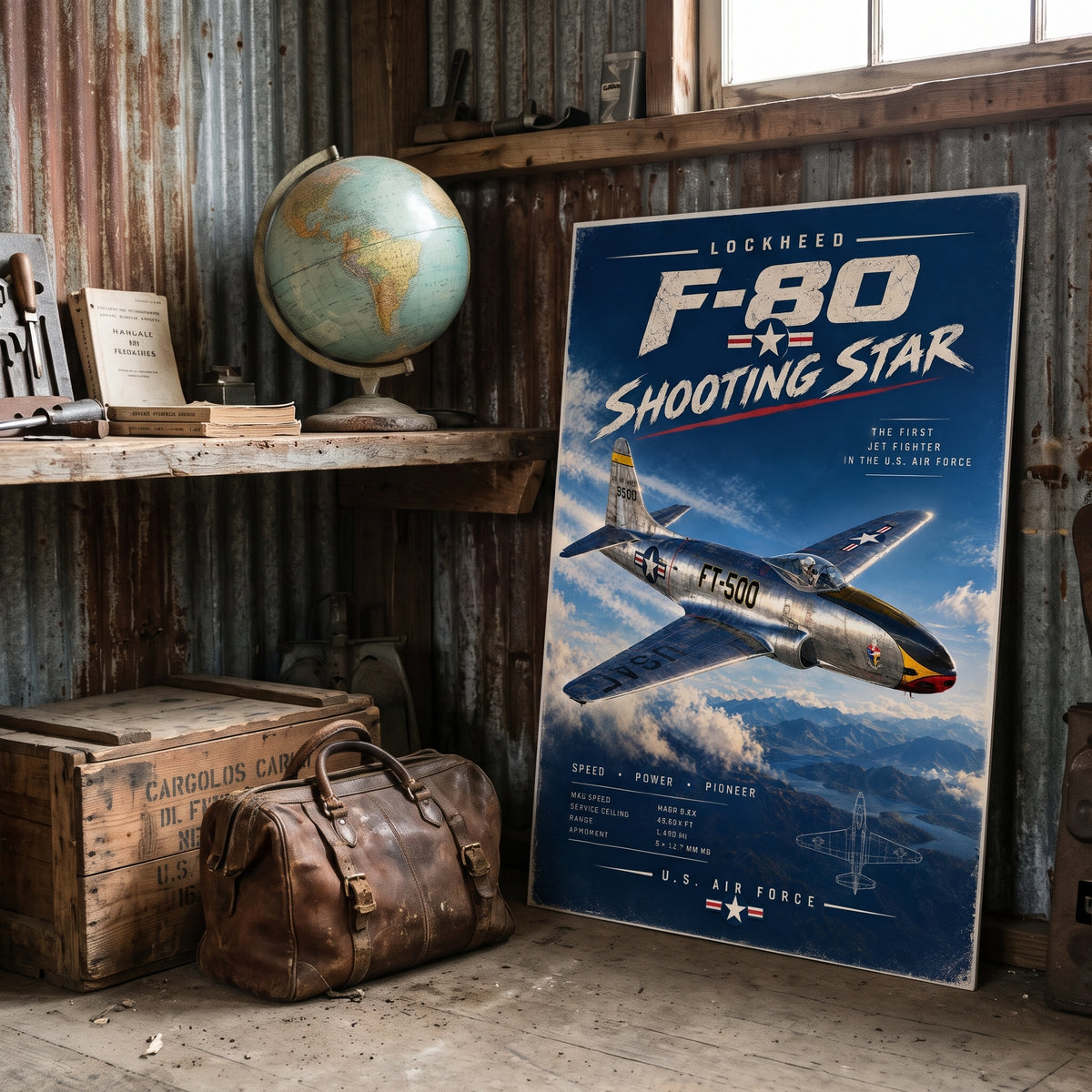 Poster spec block listing Max Speed Mach 0.92, Service Ceiling 49,000 ft, Range 1,400 mi and Armament 6 × 12.7 mm M3