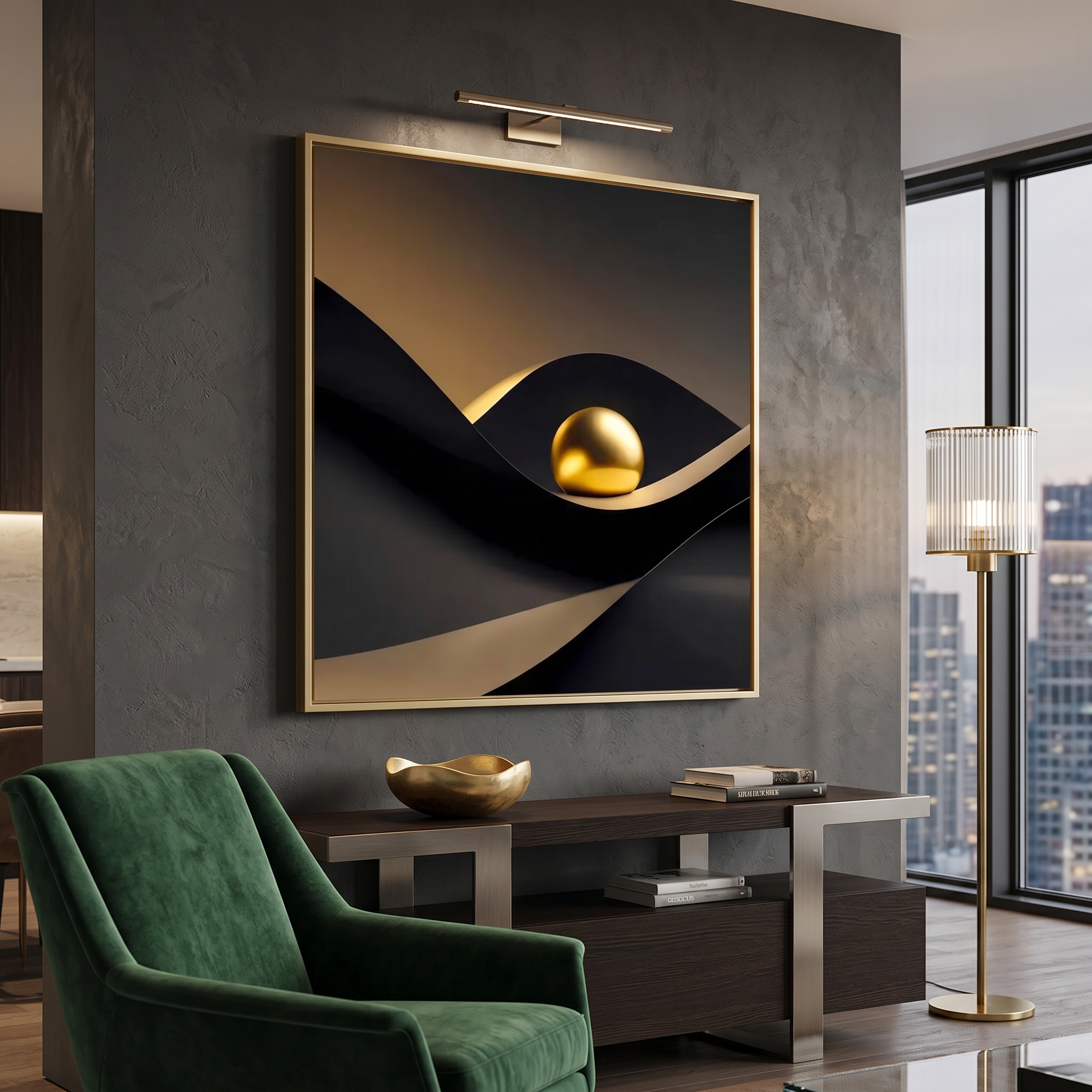 Contemporary abstract composition with gold sphere and wave shapes on dark background
