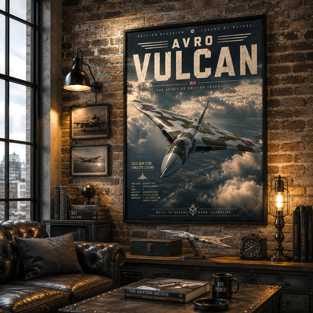 matte paper texture holding the storm-lit silhouette of the Vulcan bomber