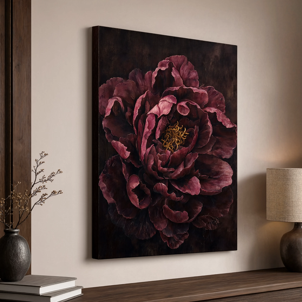 Burgundy peony stretched canvas print displayed on a wall in a romantic bedroom setting.