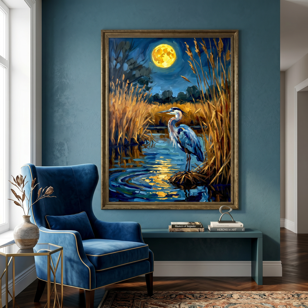 Moonlight reflected in rippling water around a great blue heron — nature wall art that slows the room down.