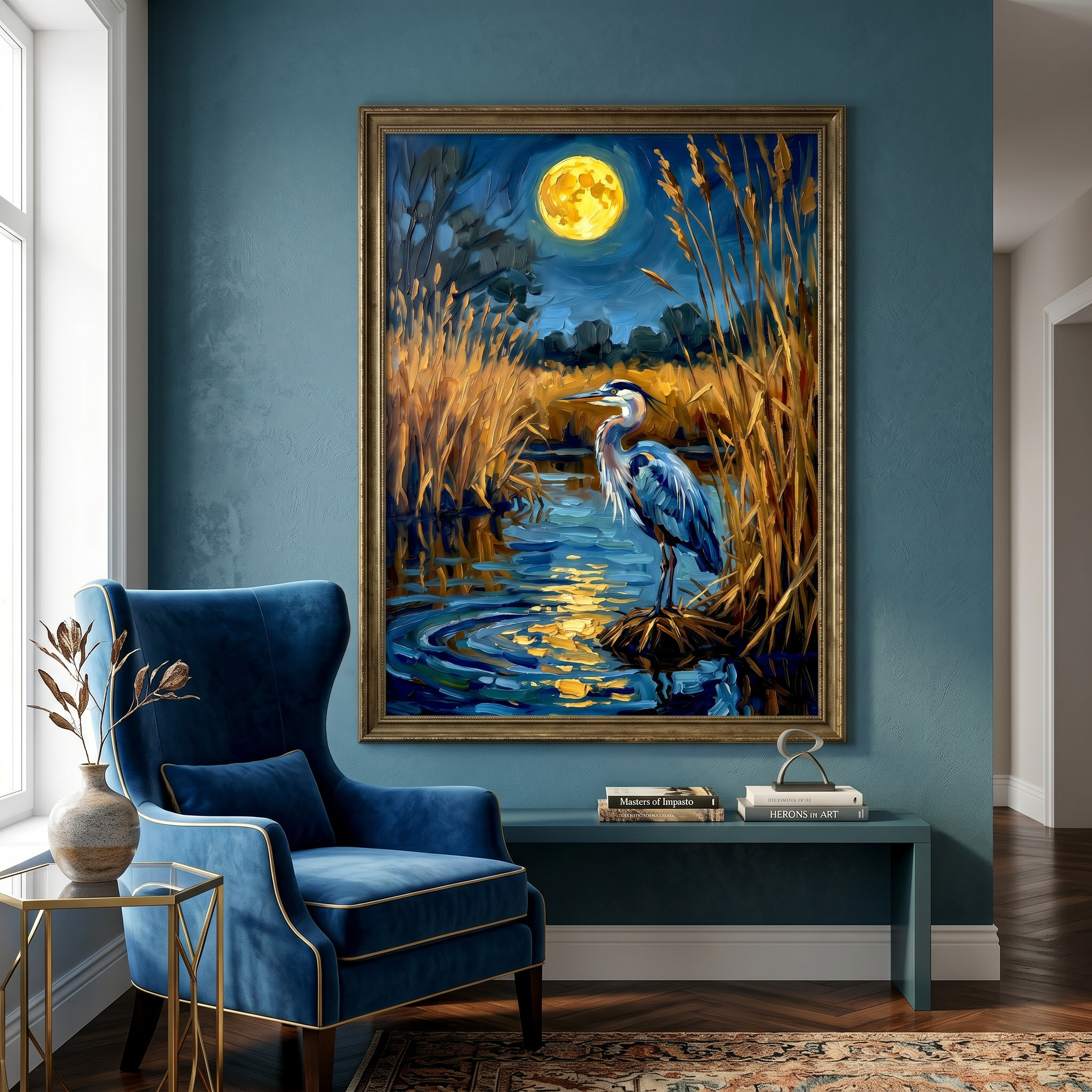 Moonlight reflected in rippling water around a great blue heron — nature wall art that slows the room down.