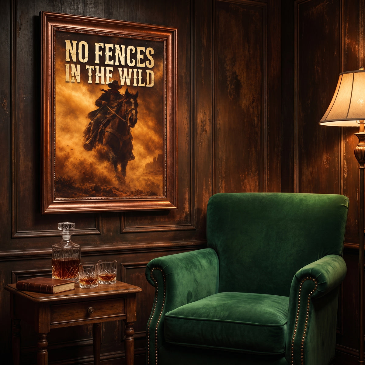 Premium matte paper poster print of a cowboy on horse, warm amber and brown tones
