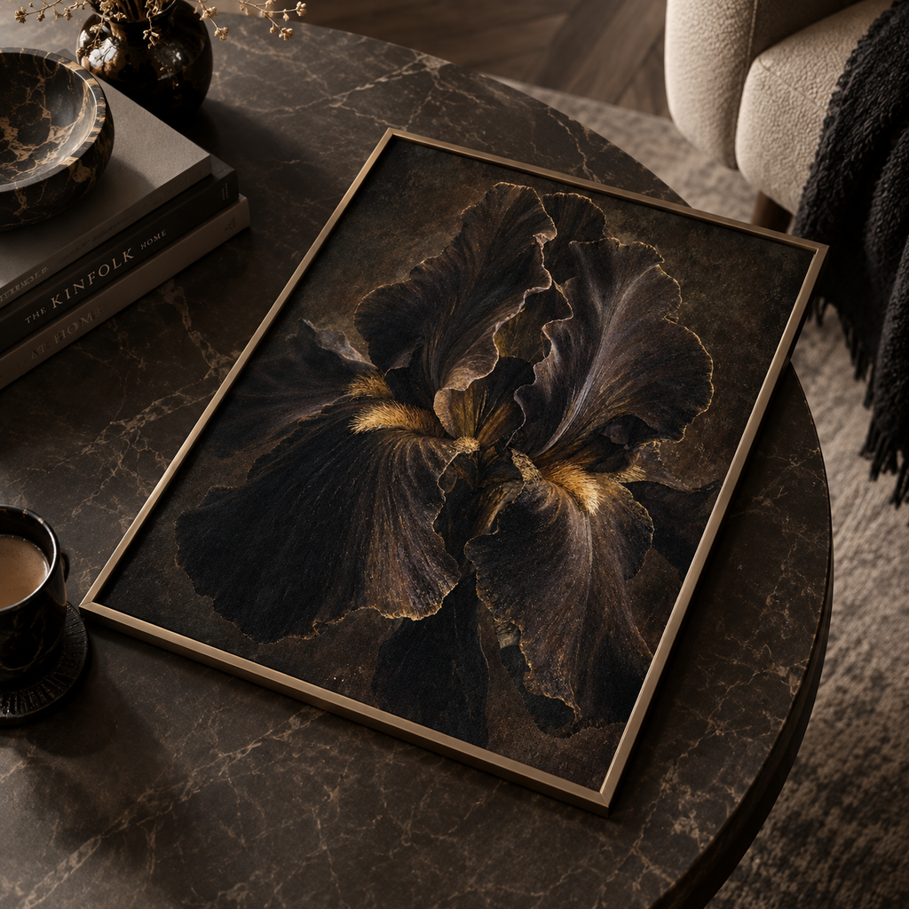 Dark moody iris flower wall art print in deep brown and bronze tones