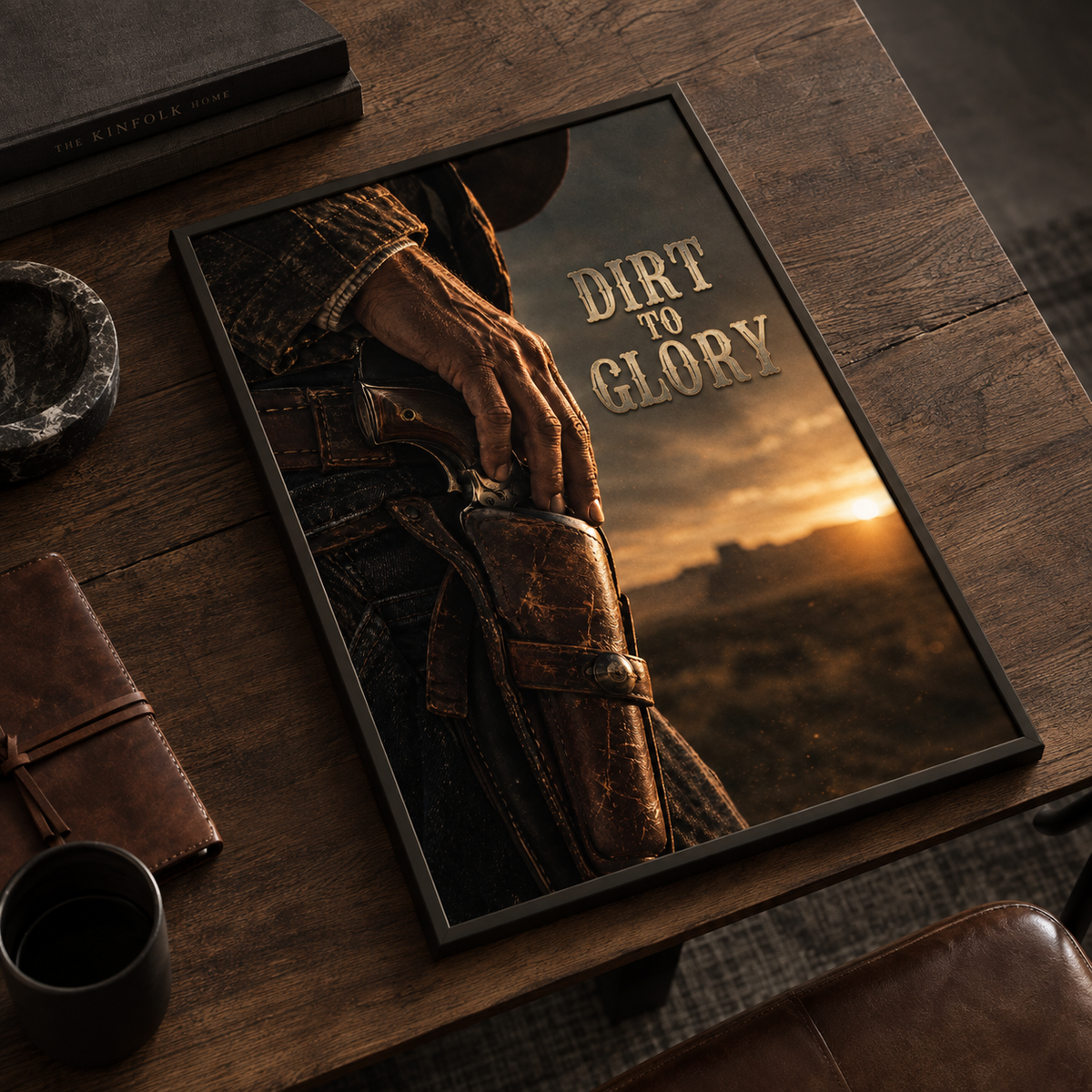 Cowboy gunslinger poster on a dark wall in a man cave setting, mockup for visualization