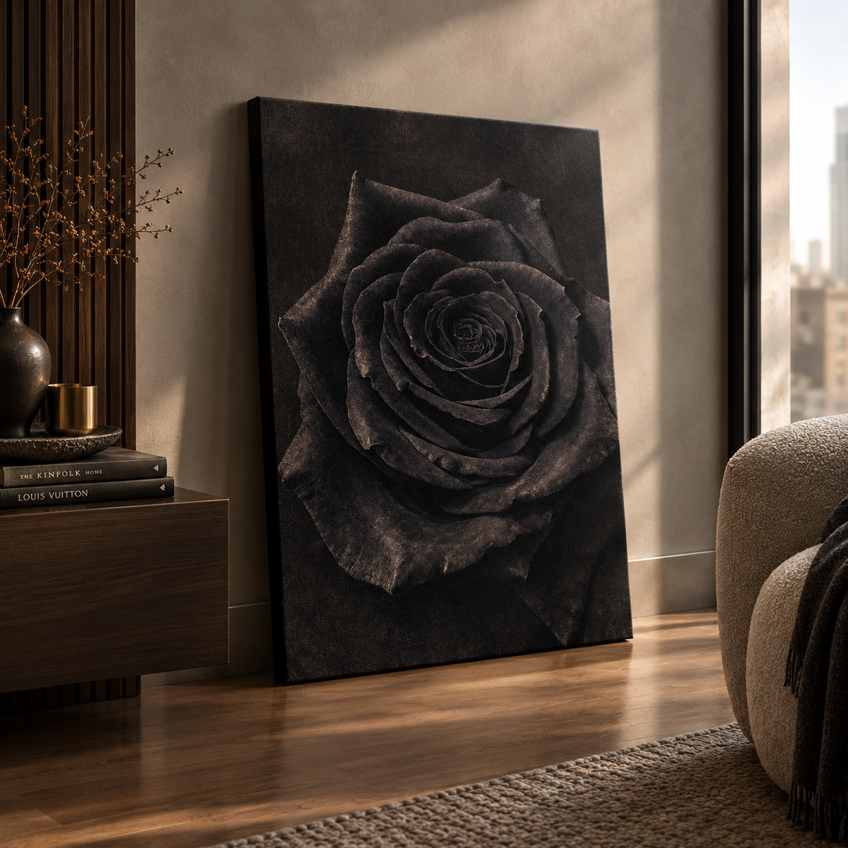 Rose art print hanging above a bed in a dark, moody bedroom with warm wood and neutral bedding