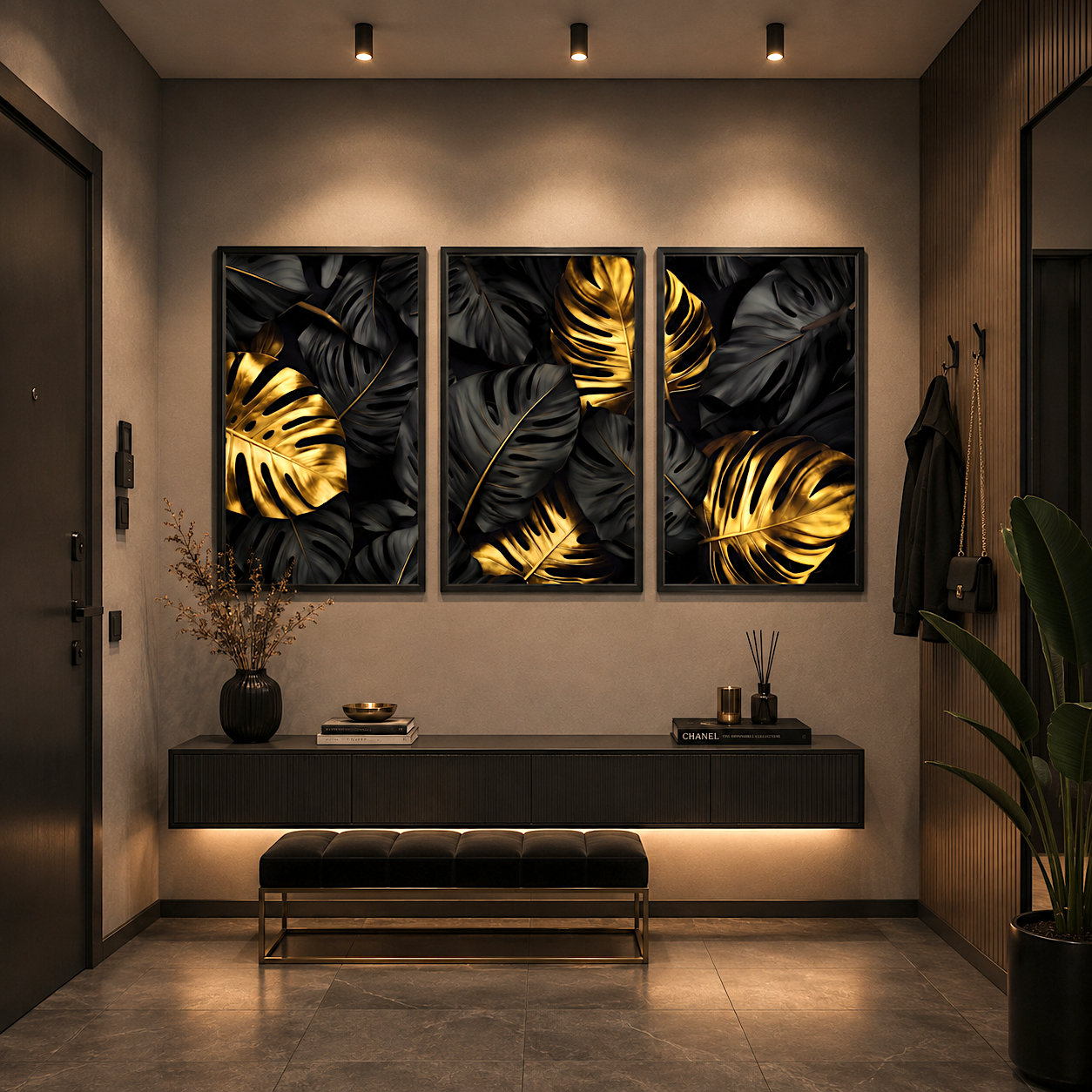 Gold monstera leaf glowing against black canvas above a moody entryway console