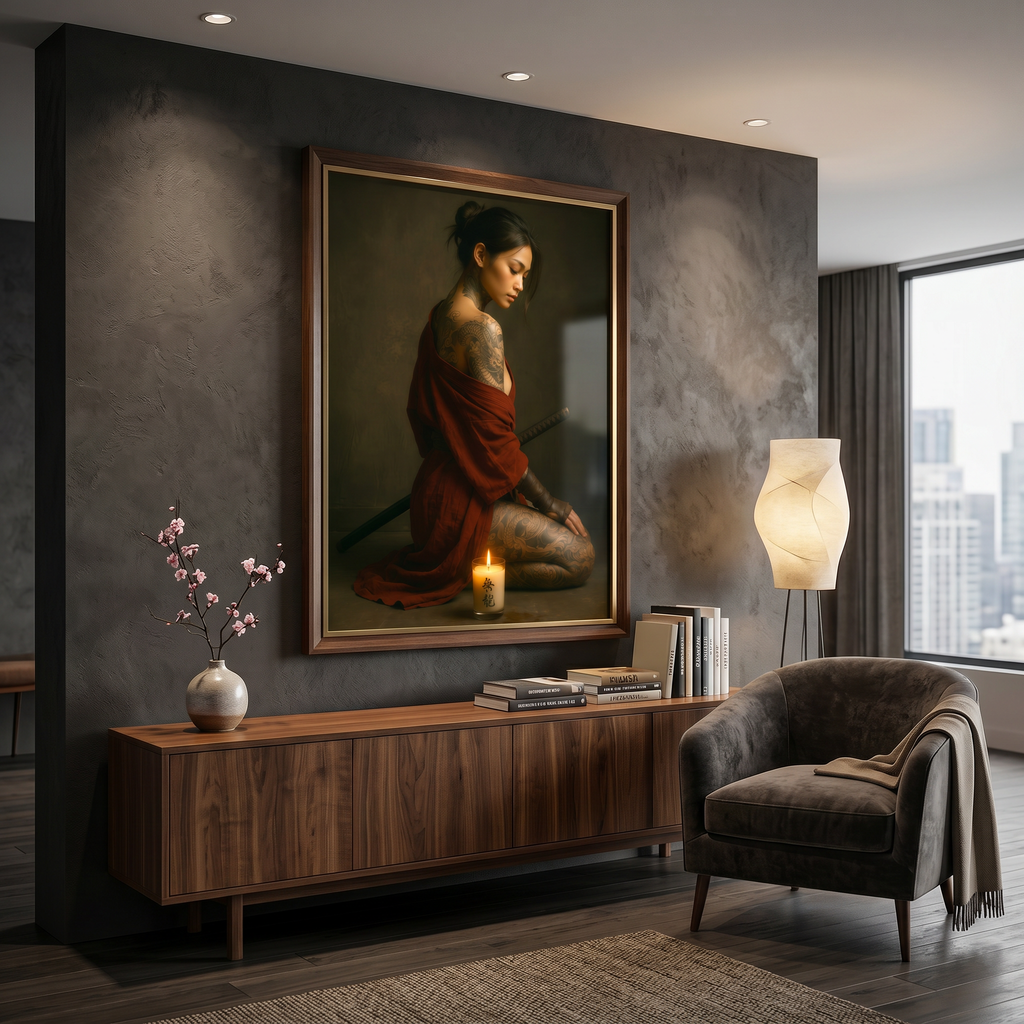 Japanese art print on dark wall — samurai woman red kimono, warrior woman art, premium matte poster