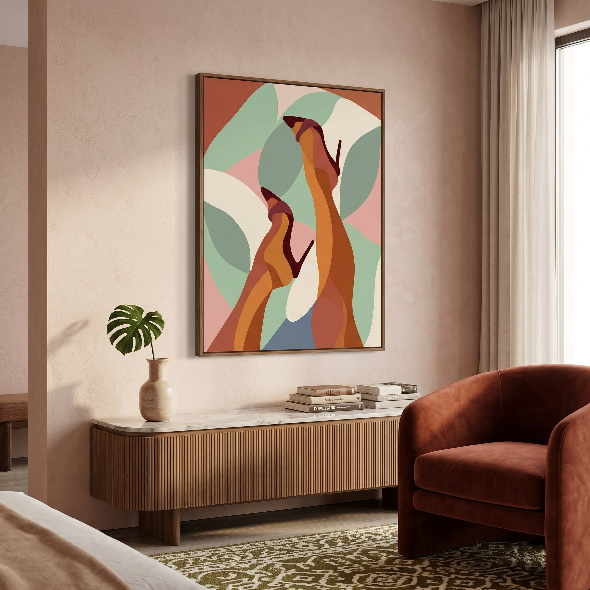 Feminist art print — stylised female legs in heels, retro pop art style, warm boho color palette