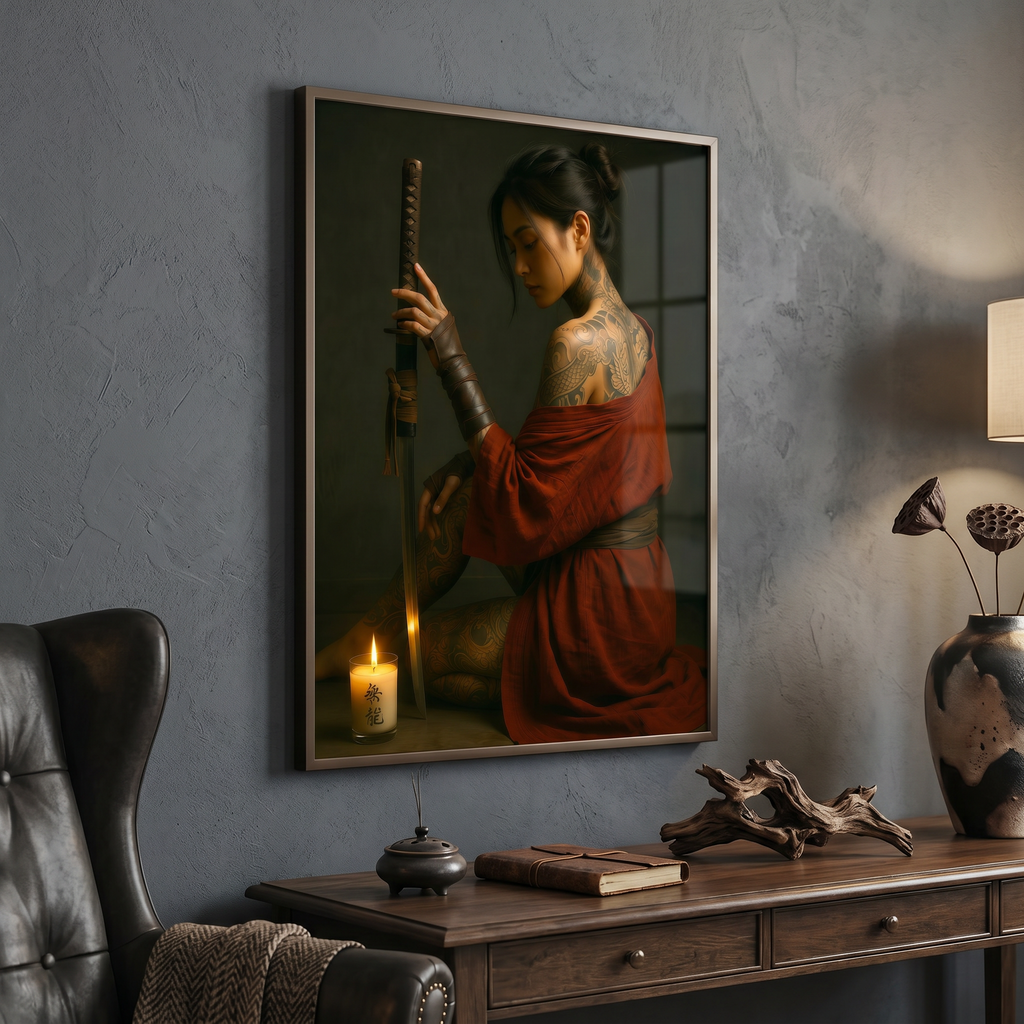 Japandi wall art framed print — japanese warrior woman, dark portrait art, asian wall art, matte poster