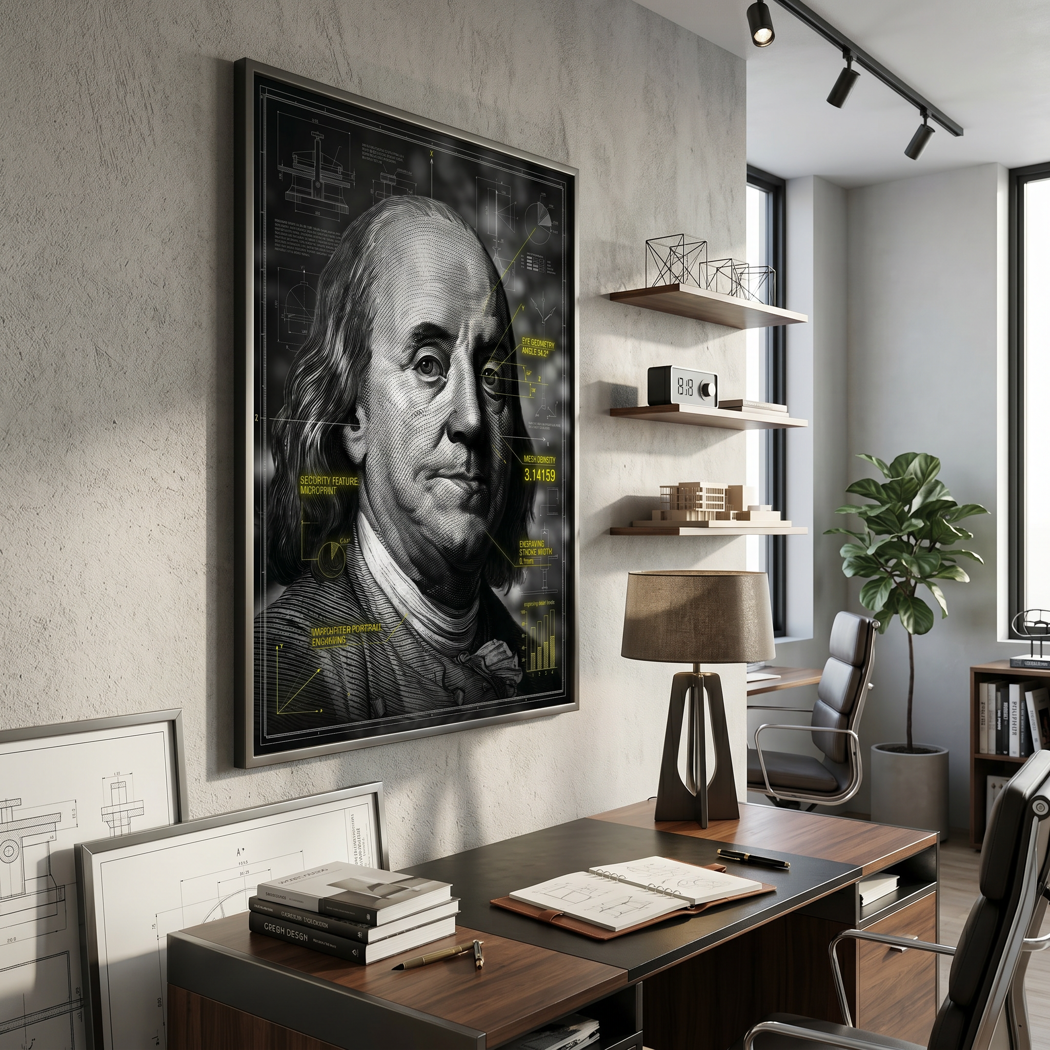 Franklin blueprint poster print above desk – office decor wall art, trendy engraving portrait print