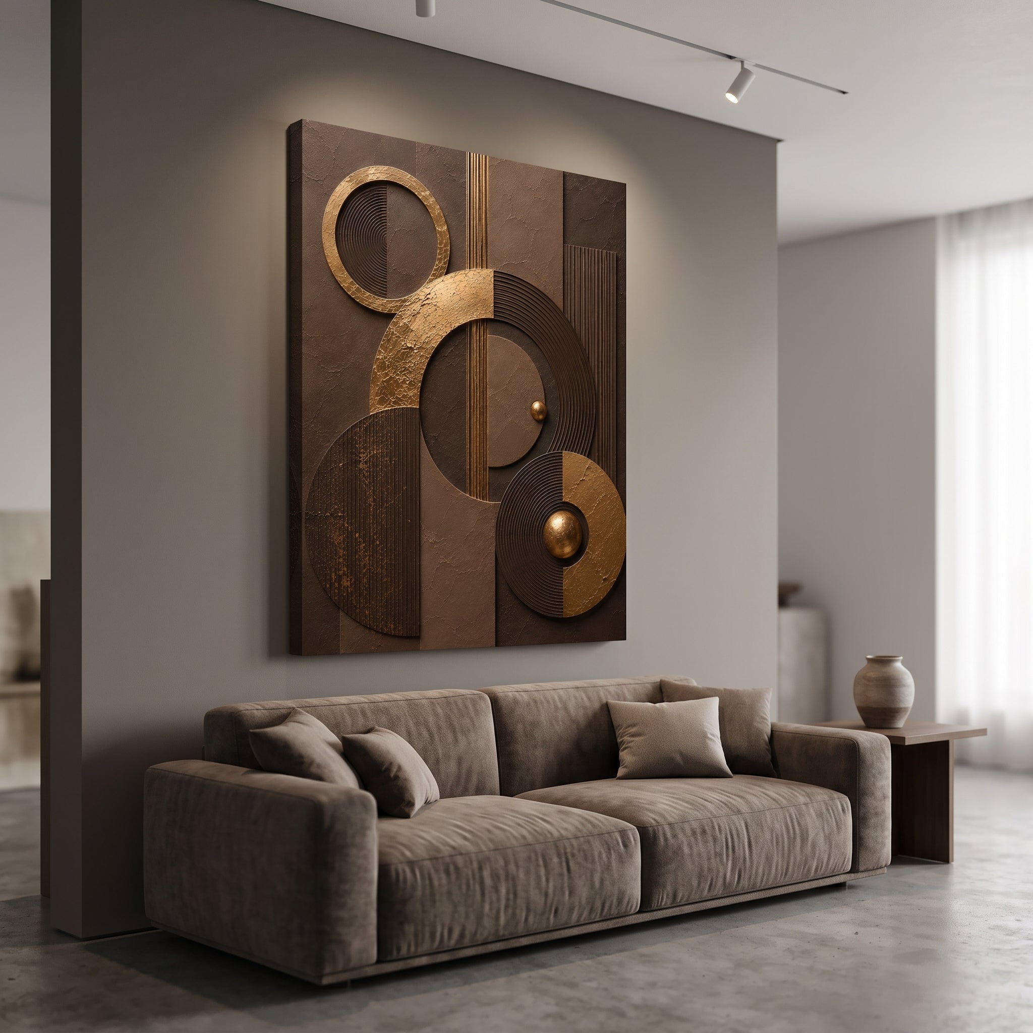 Chocolate brown canvas print faux gold texture wall art gallery wrap, moody sphere circle design for rich home décor.