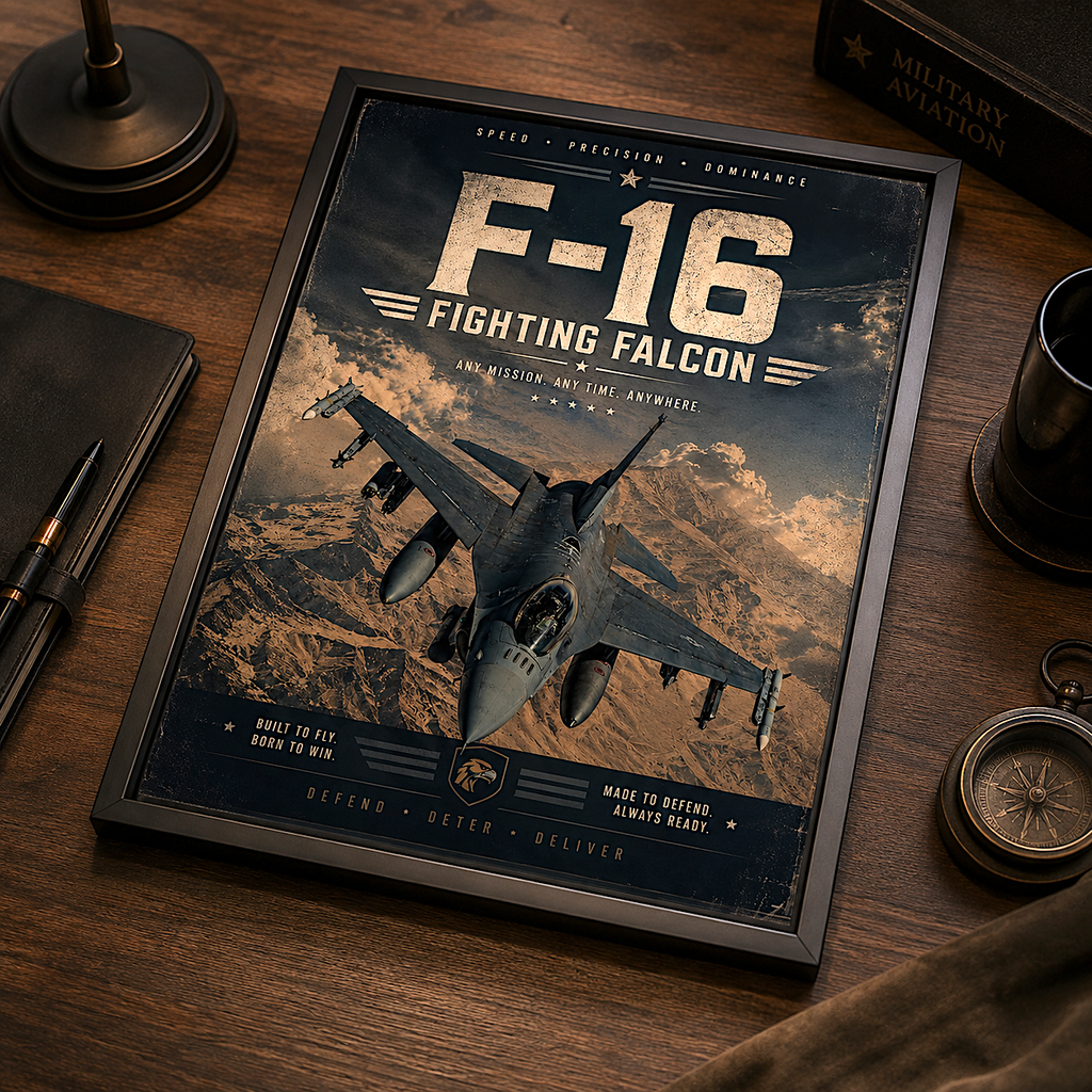 F-16 Fighting Falcon fighter jet poster - vintage military aviation wall art print for office or veteran gift