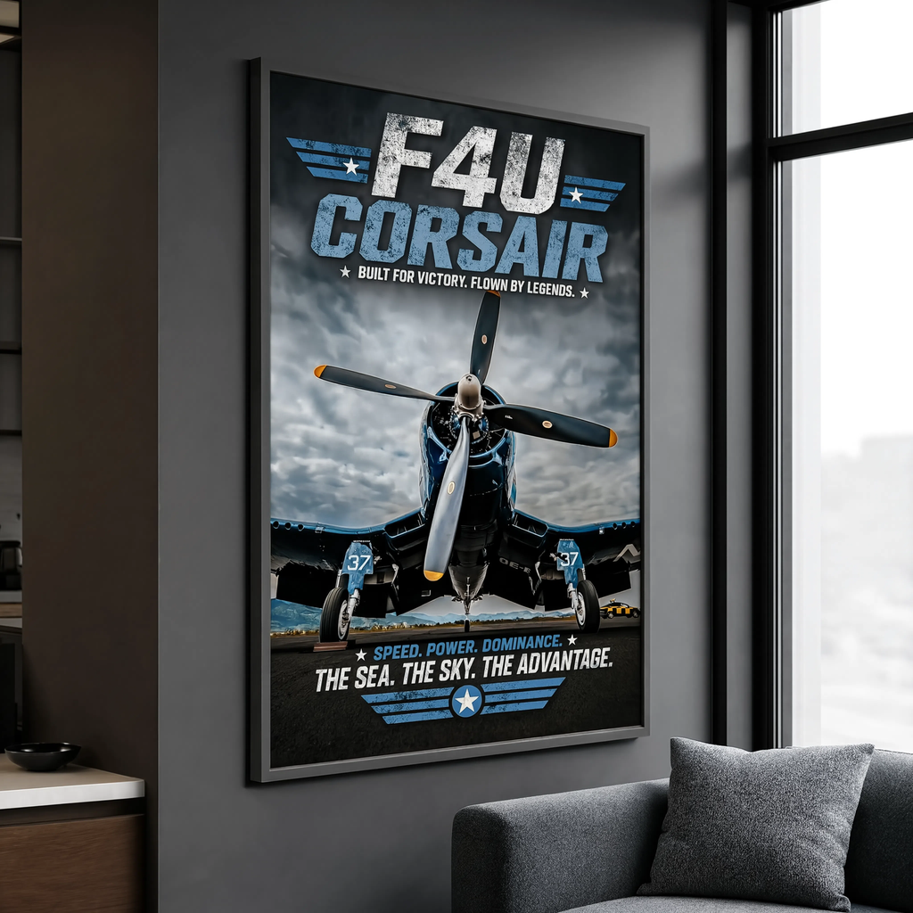 F4U Corsair print detail showing aircraft nose art and propeller