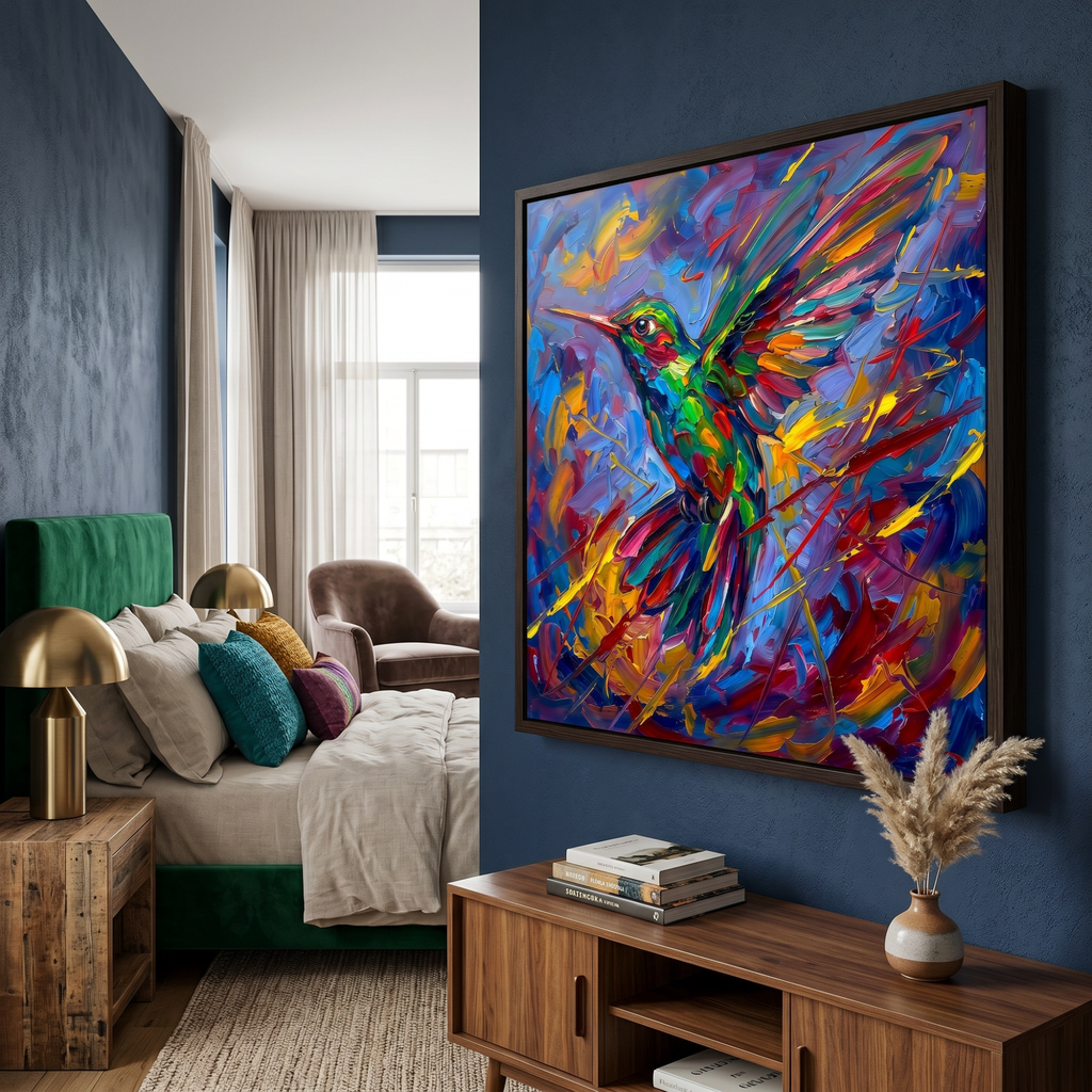 Gallery wrap canvas side view — 1.5 inch depth, hummingbird art, no frame needed, hook included