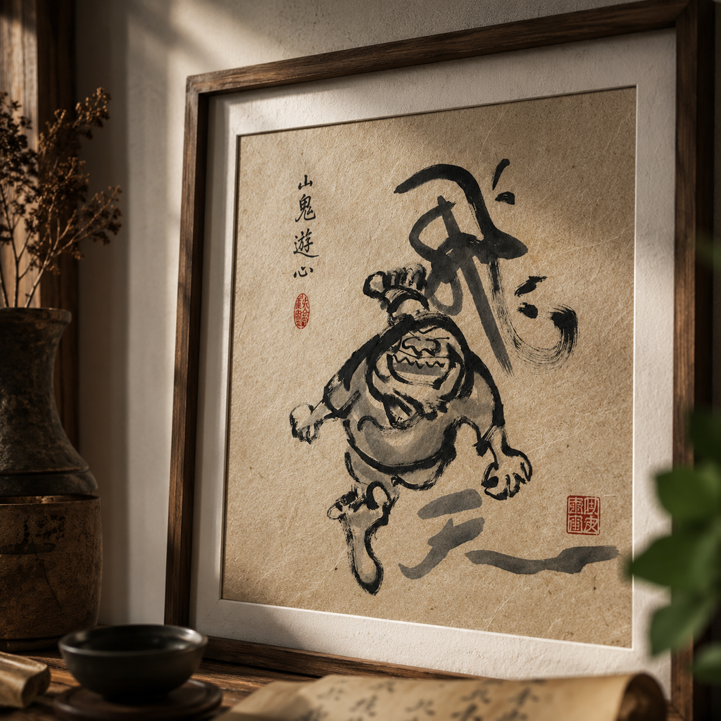 Calligraphy print blending sumi-e technique with humor, ideal for zen wall art collections
