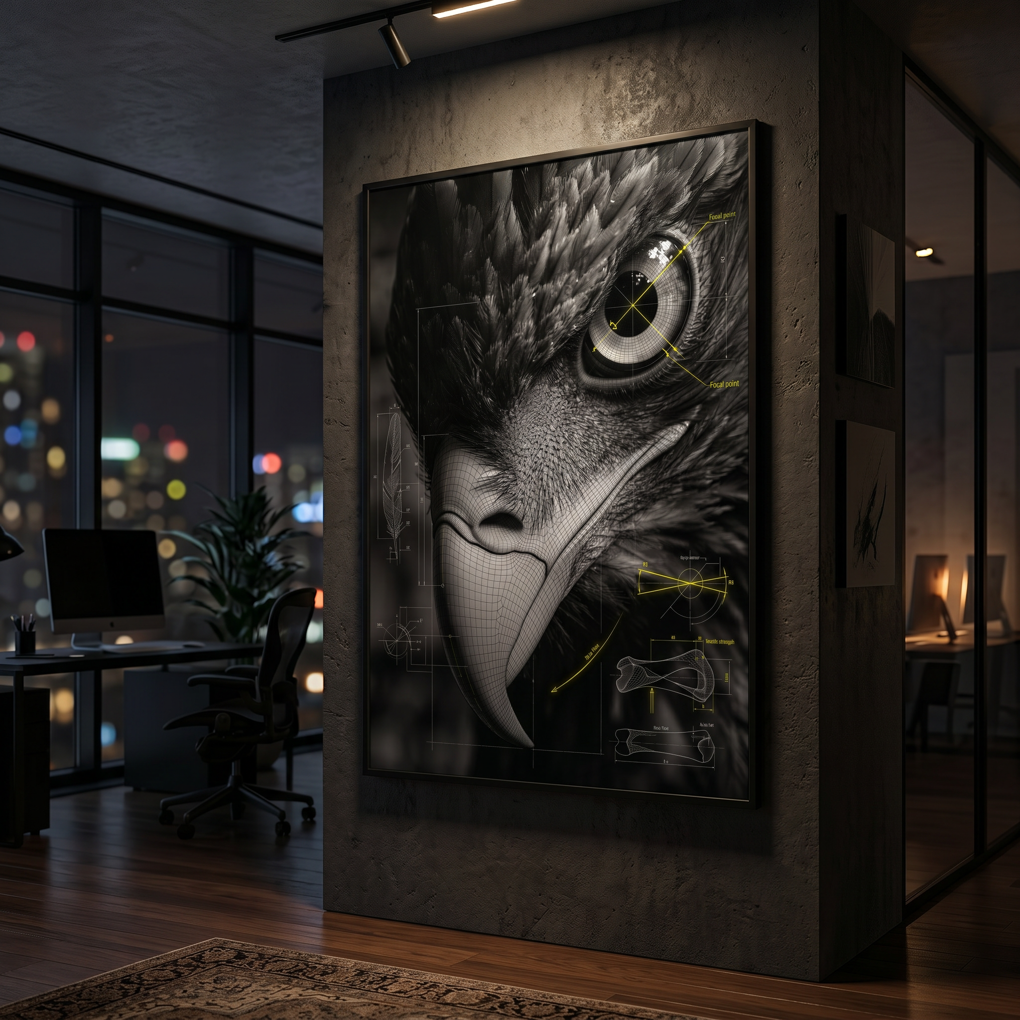 Eagle eye locked in technical crosshairs — blueprint anatomy poster for dark, focused spaces