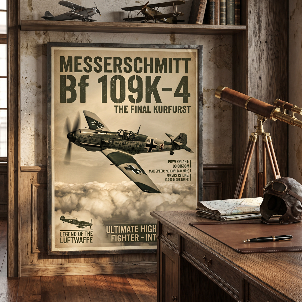 WWII poster print on white wall — Messerschmitt Bf 109 aviation wall art, 24x36 framed living room