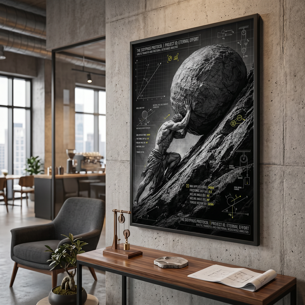The boulder. The incline. The data that confirms what you already knew — Sisyphus mythology poster in charcoal, grey and neon yellow