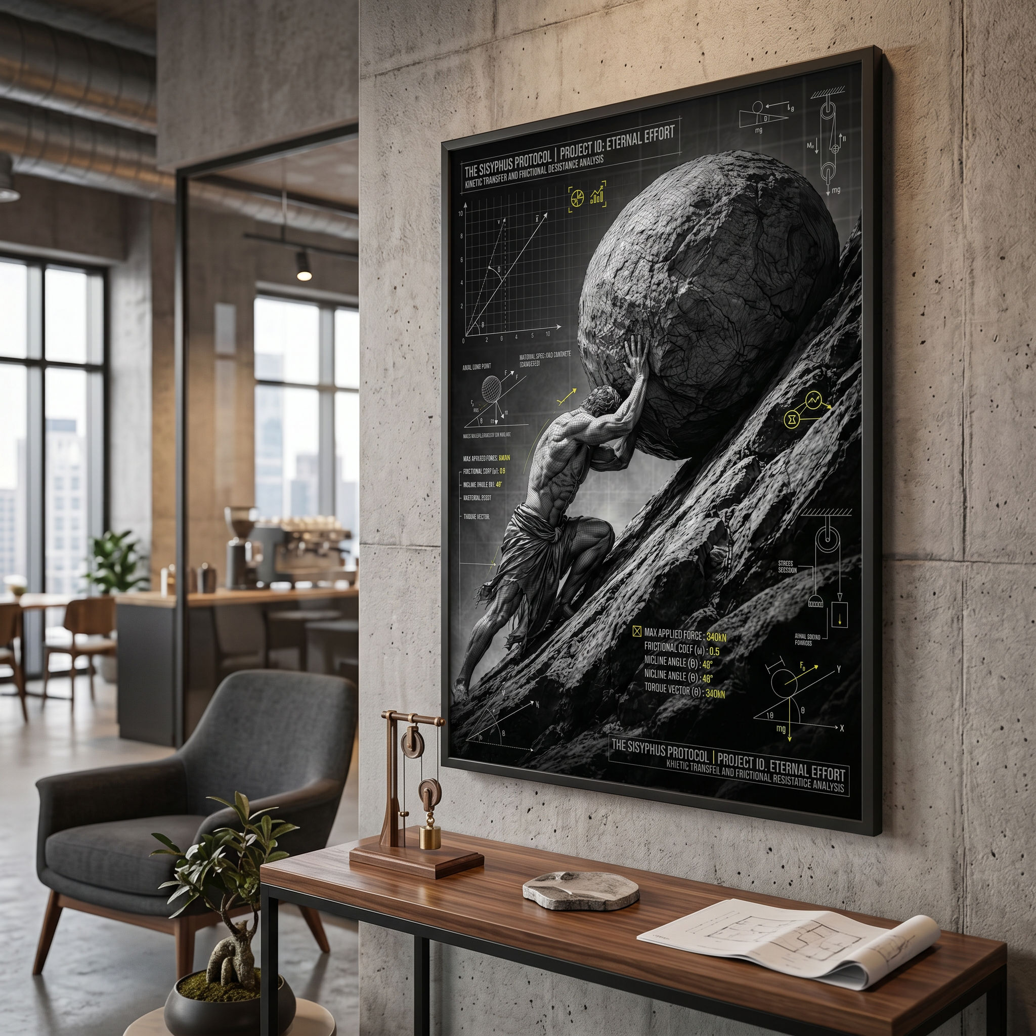 The boulder. The incline. The data that confirms what you already knew — Sisyphus mythology poster in charcoal, grey and neon yellow