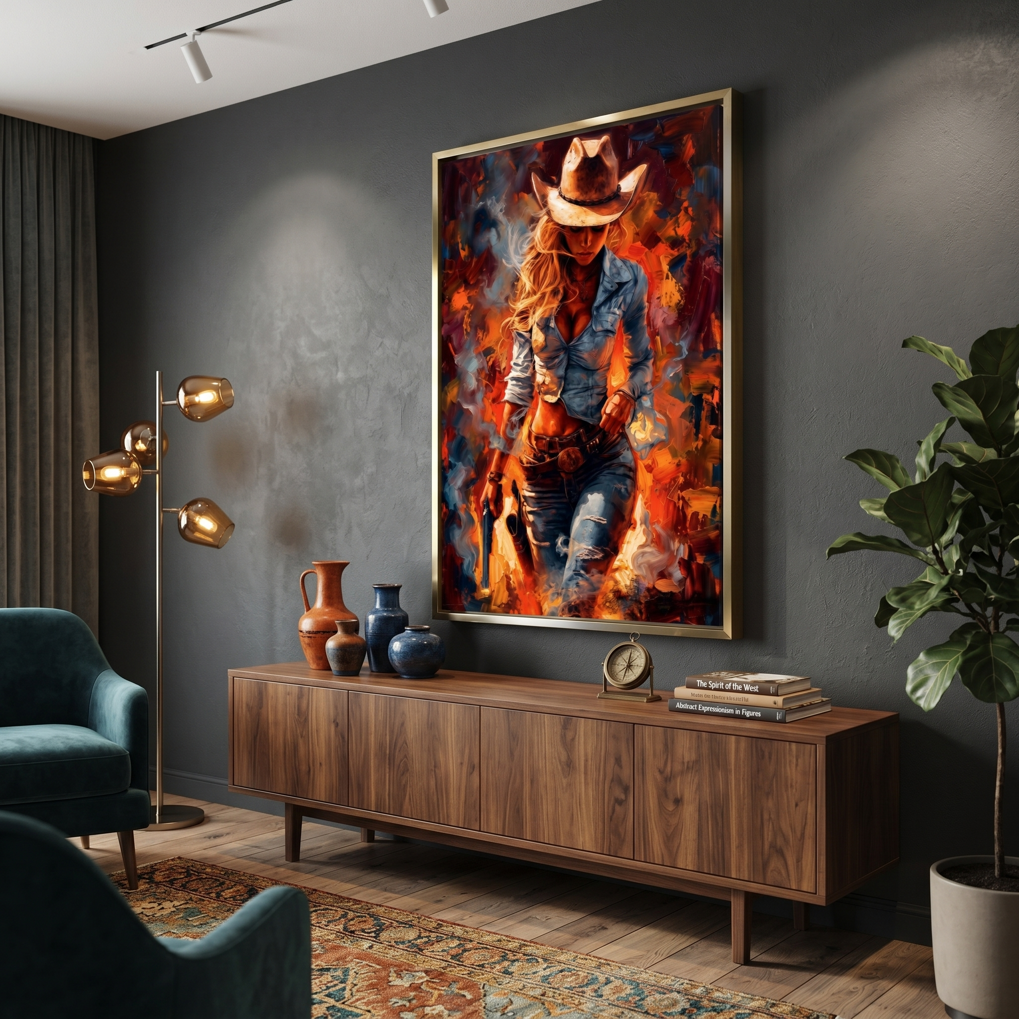 Cowgirl walking through fire — western woman art print with gun, cowboy hat and wild energy
