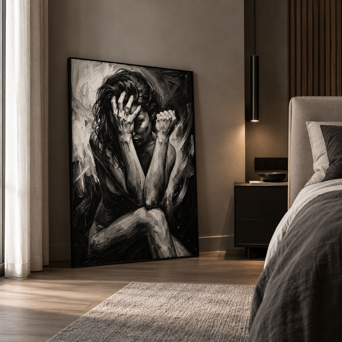 Woman silhouette art print close-up showing brushwork detail