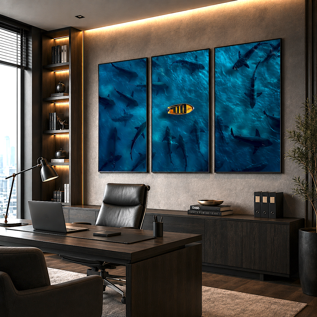 Canvas light: canvas print ocean triptych art wall decor — modern moody living room, 3 panel set