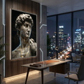 Cyberpunk decor wall art — David statue with gold circuit board, moody AI art print for bold spaces