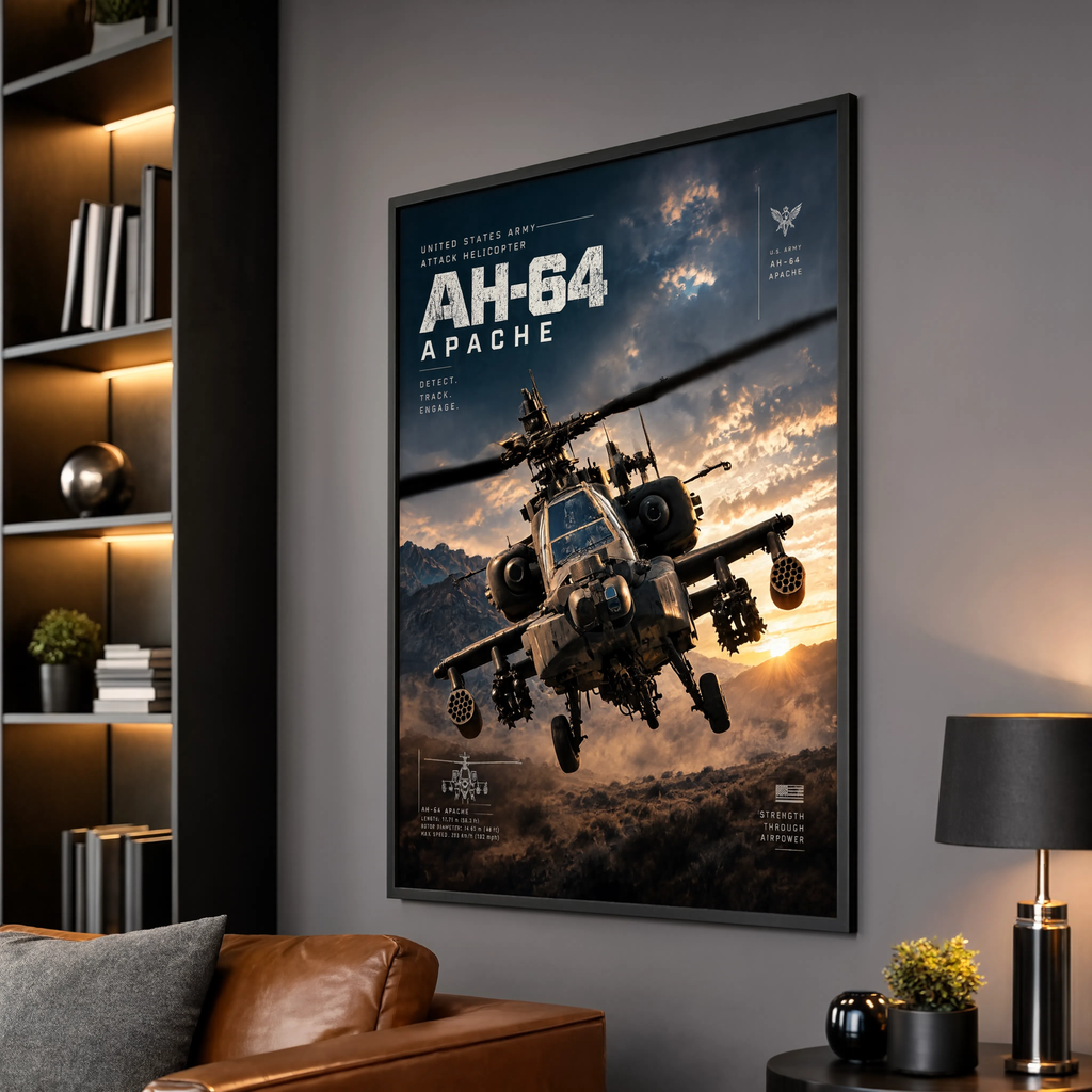 Army wall art showing AH-64 Apache in flight over mountains