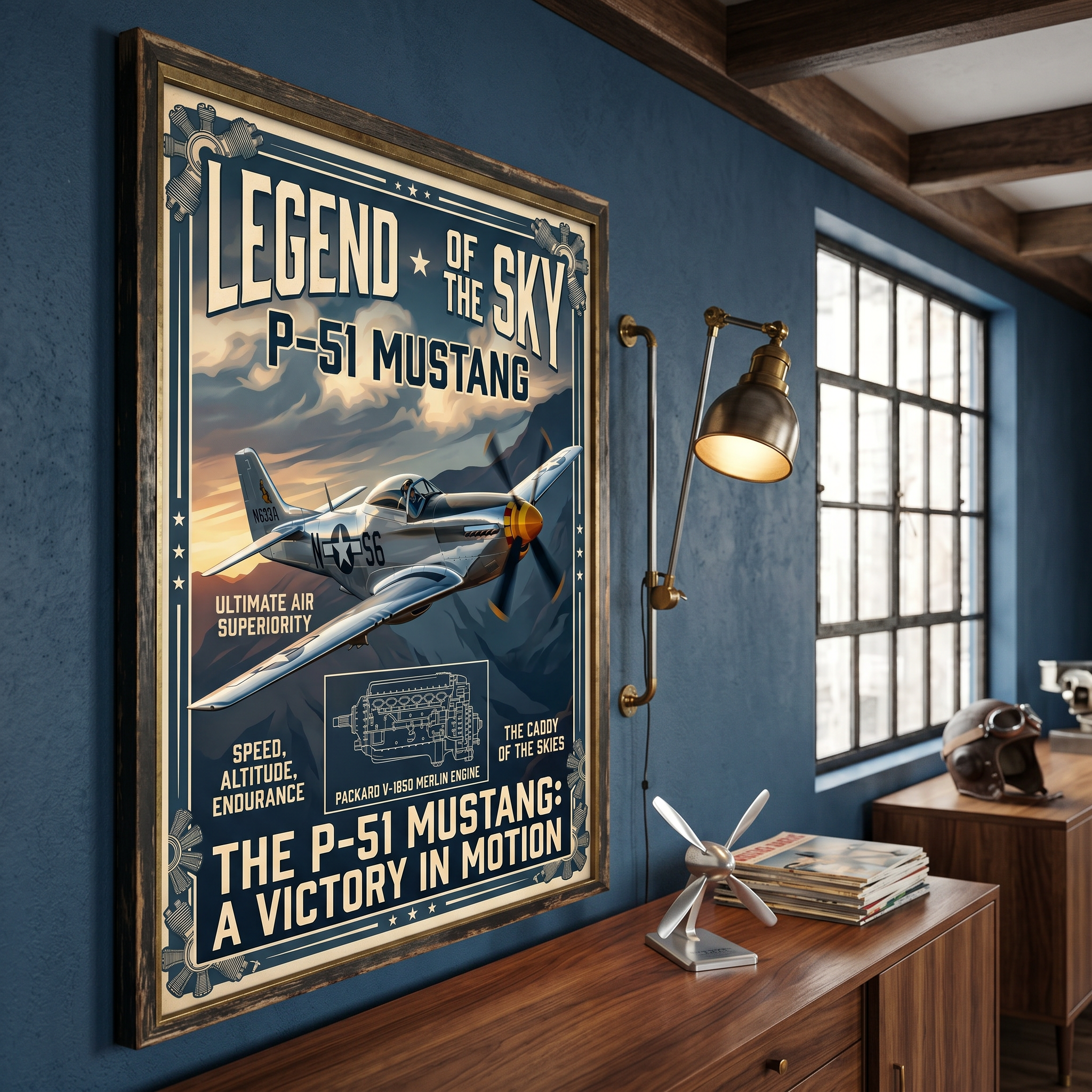 P-51 Mustang print on dark wall — vintage aviation wall art, home office and man cave decor
