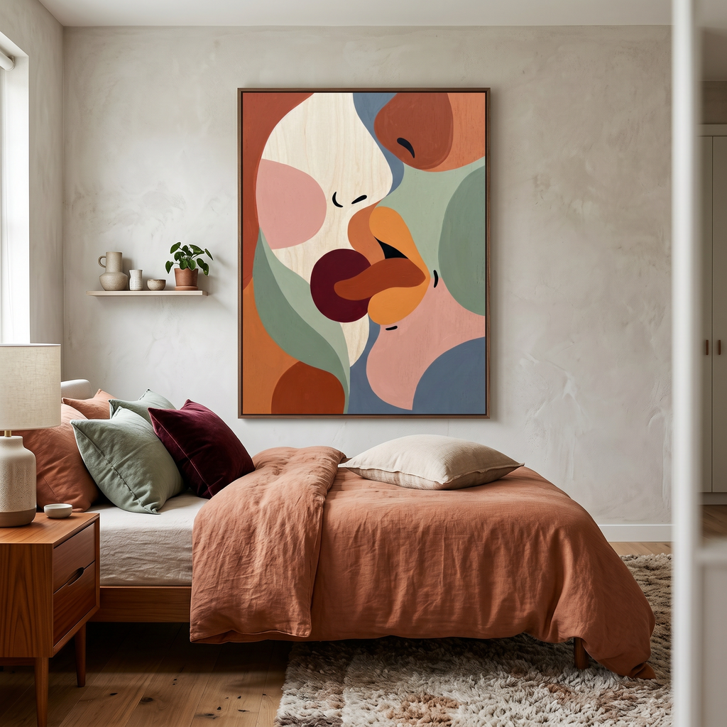 Abstract Couple Kiss Print – Romantic Boho Sage Green Terracotta Bedroom Art