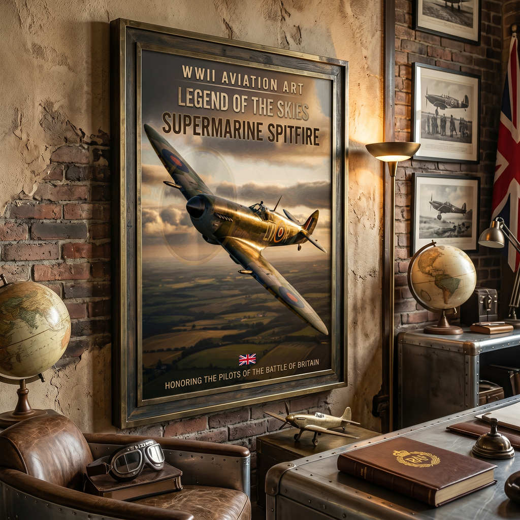 Supermarine Spitfire soaring over Britain at golden hour — WWII aviation wall art poster print