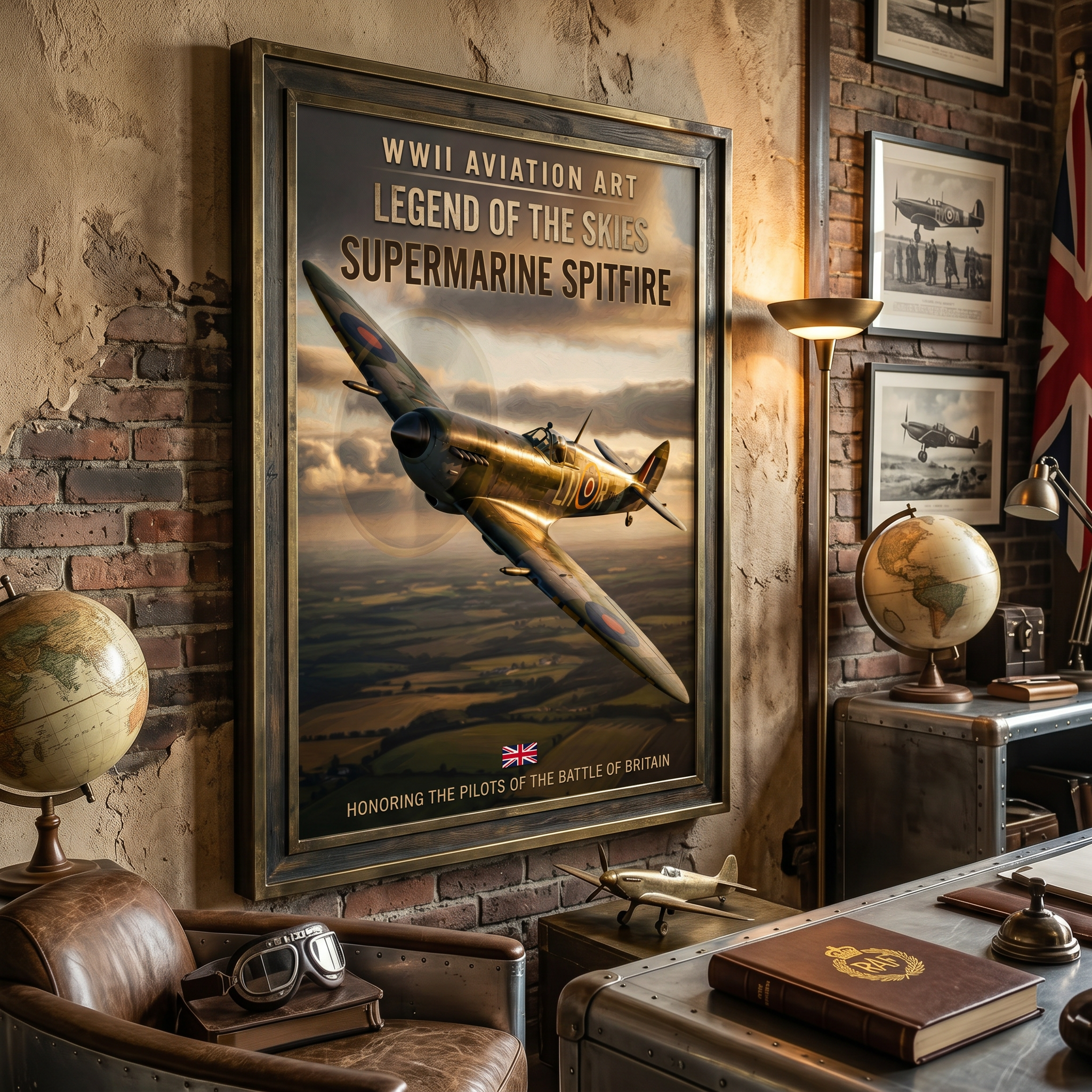 Supermarine Spitfire soaring over Britain at golden hour — WWII aviation wall art poster print