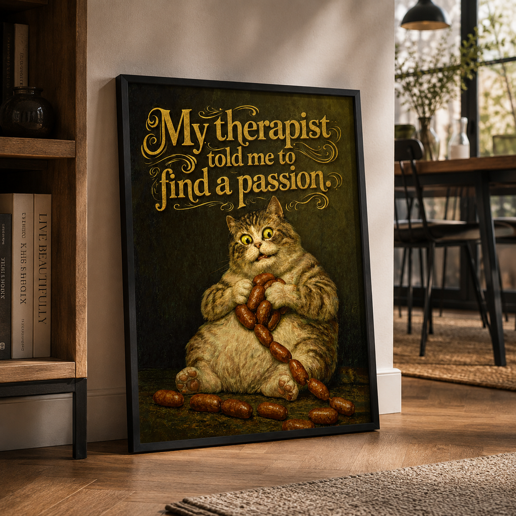 Funny fat cat clutching sausages under gold vintage text, kitchen wall art print