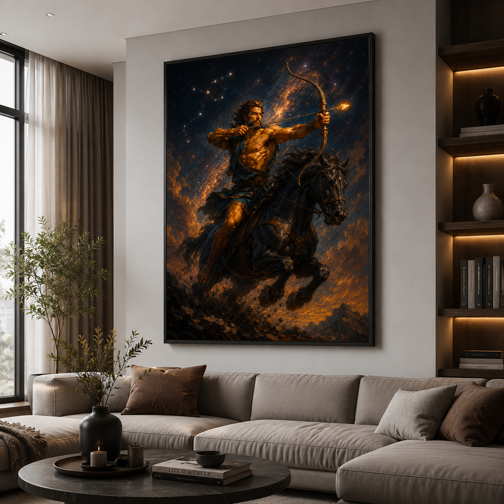 Sagittarius art capturing the archer centaur drawing a glowing bow against a burning cosmic sky