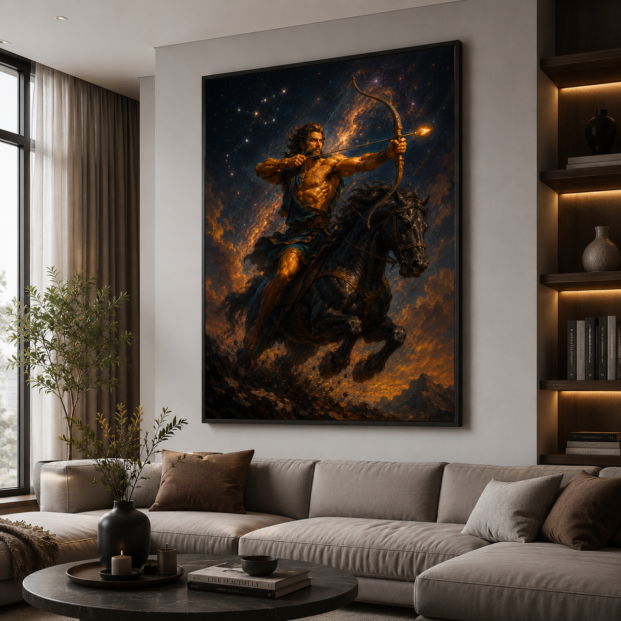 Sagittarius art capturing the archer centaur drawing a glowing bow against a burning cosmic sky