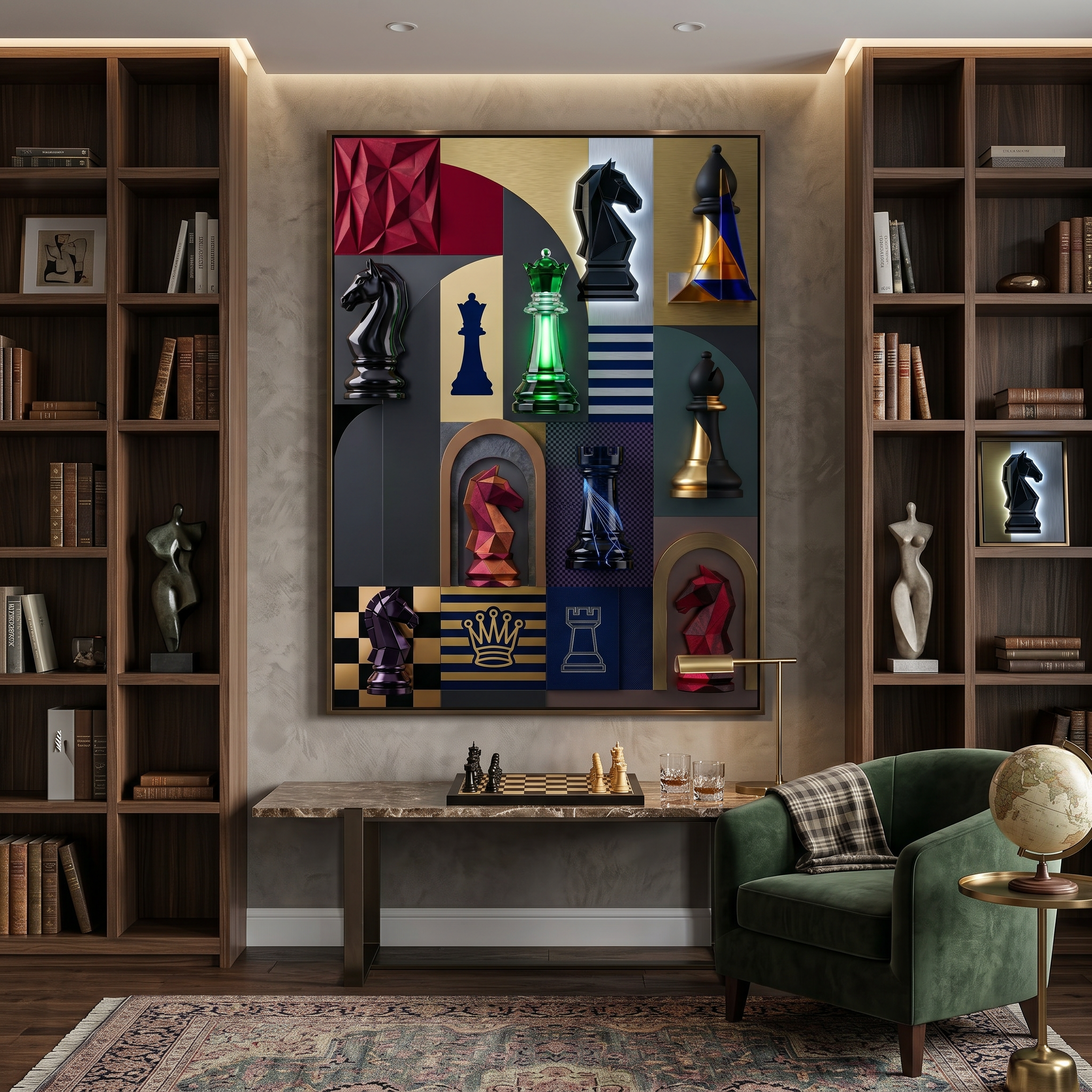 Twelve chess pieces, twelve visual languages — 3D realism, low-poly geometry, crystal glass and neon line art in one collage