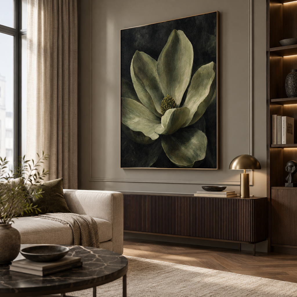 Close-up magnolia flower artwork with olive green and cream petals on a dark charcoal background, vertical composition