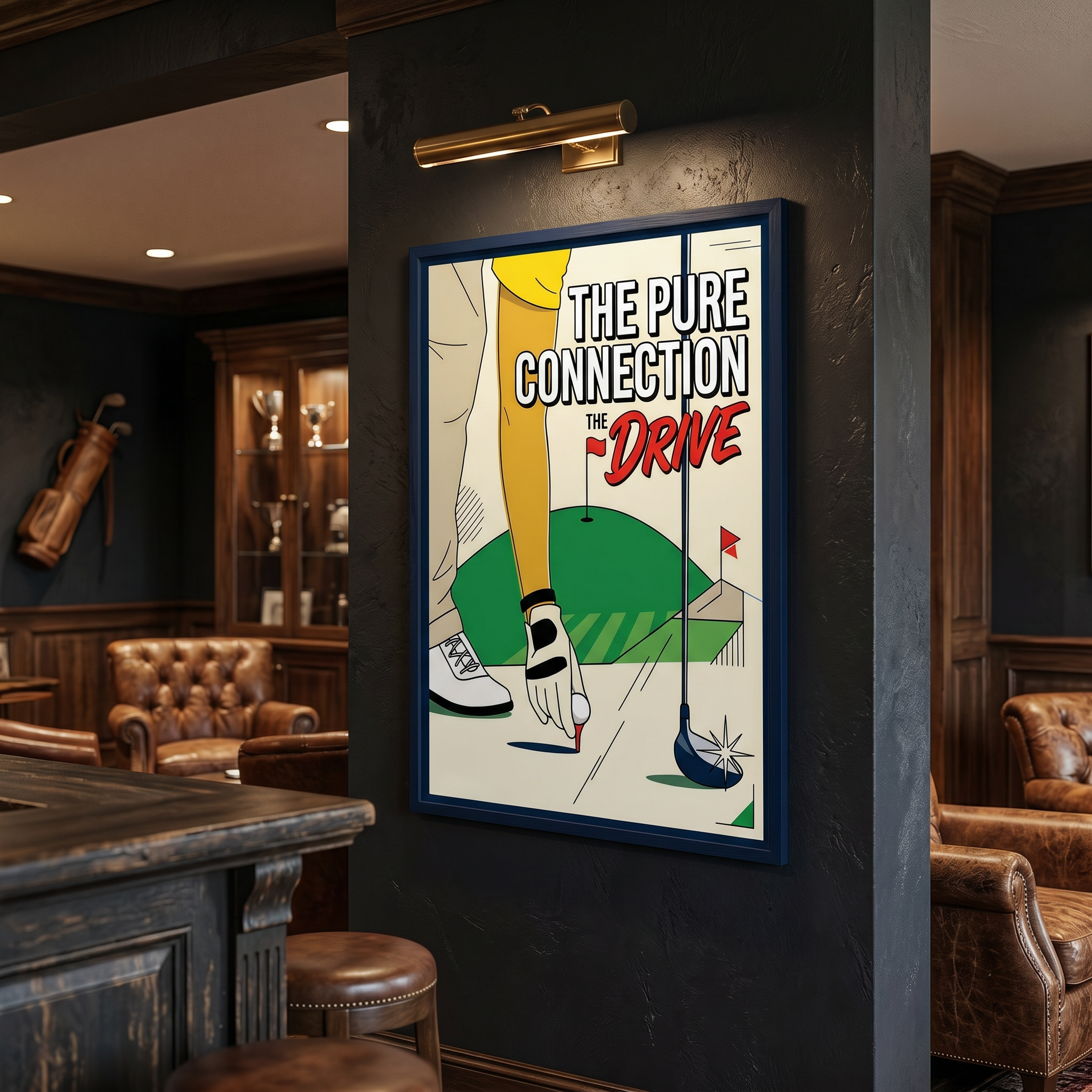 Golf print on charcoal wall — vintage energy, red and cream accents, man cave or home office decor