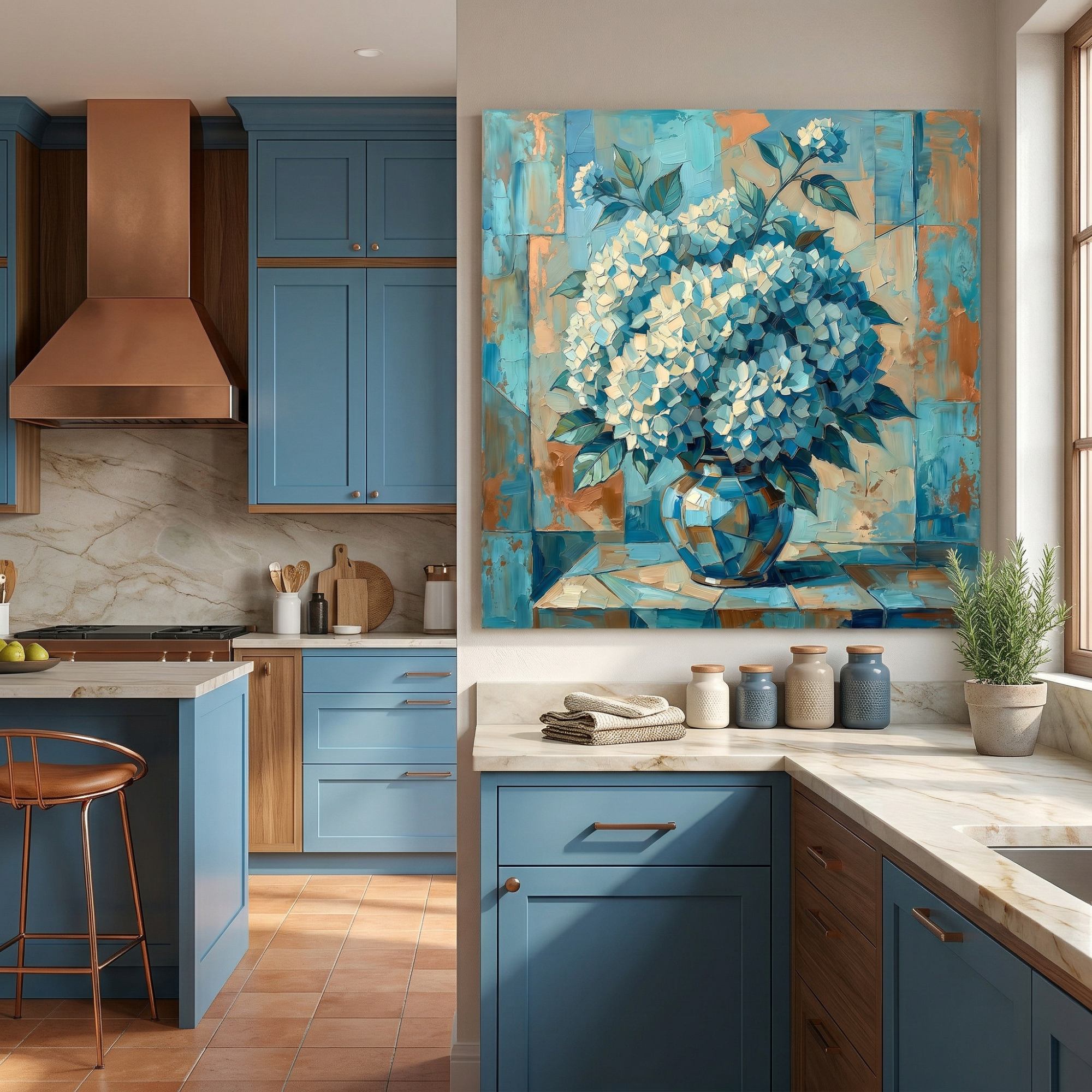 Kitchen art print — blue hydrangea vintage floral poster above open shelving, teal botanical wall decor