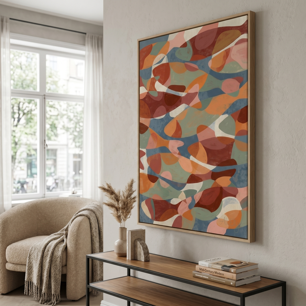 Colorful abstract fish print — ocean art in earthy home decor palette, large wall art, canvas or poster