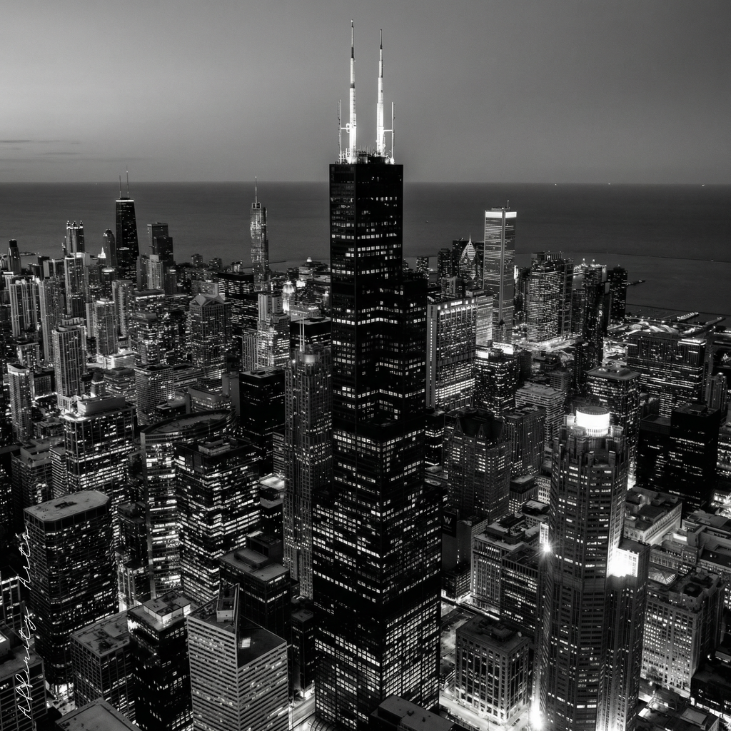 Aerial black and white photo of Chicago skyline at night with Willis Tower in the center
