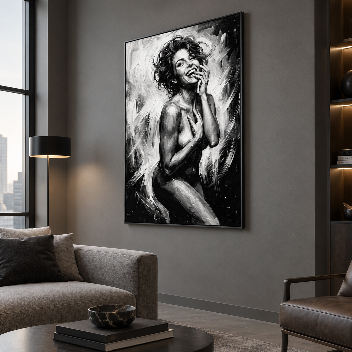 Monochrome art poster mockup in a neutral-toned room